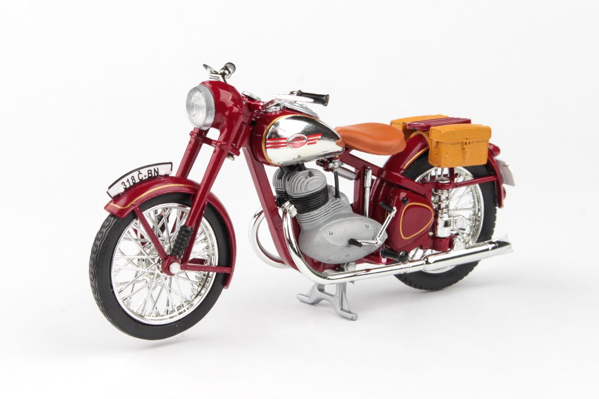 Jawa 350 Pérák (1950) 1:18 - Tmavě Červená - S Brašnami